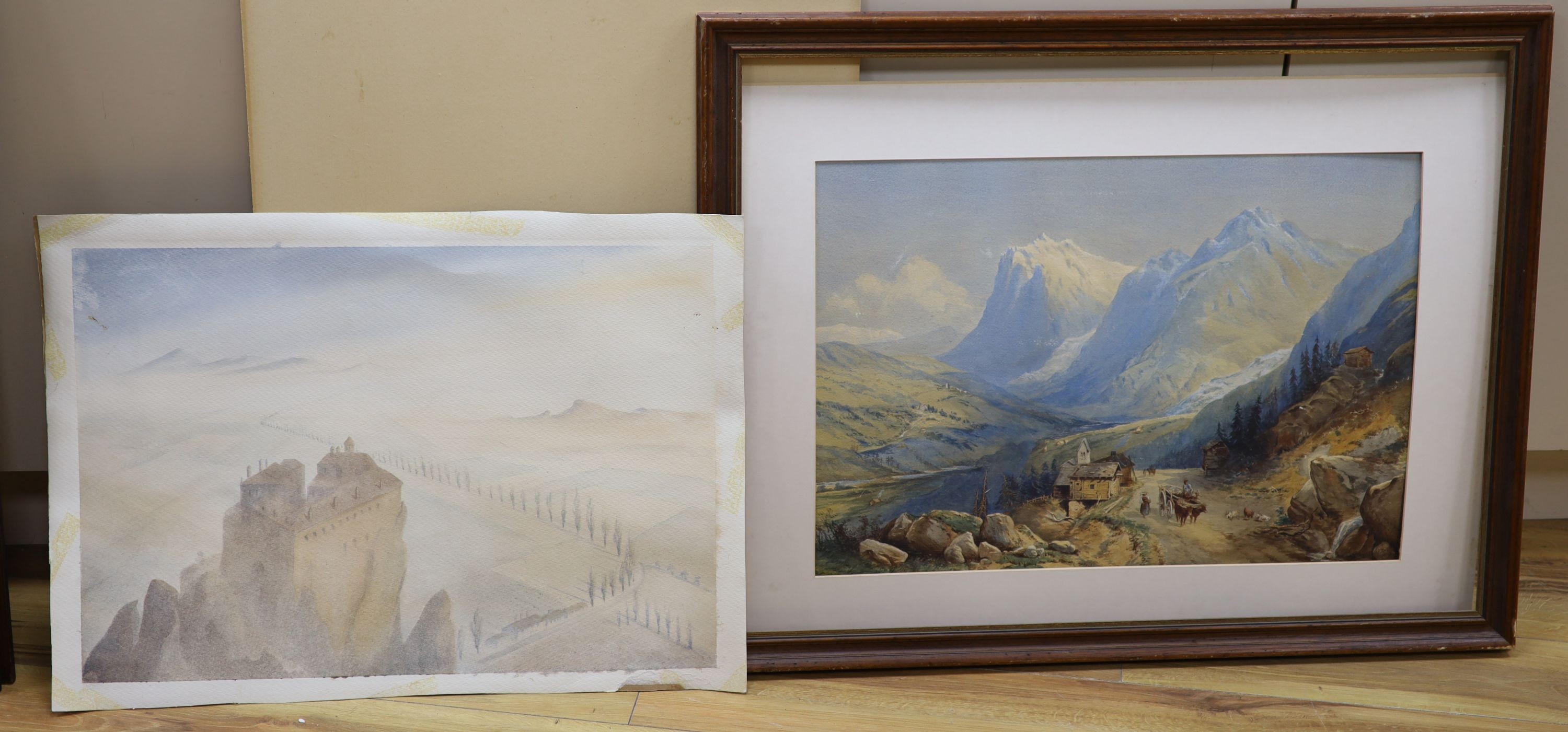 Rutherford, watercolour, Metrora, signed, 45 x 64 cm. Unframed and a watercolour Alpine landscape dated 1875, 44 x 63 cm.